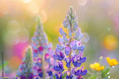 A close-up shot of lupines with a background of assorted wildflowers. The focus is on the lupine s detailed texture and color gradient from base to tip  set against a bokeh of wildflowers