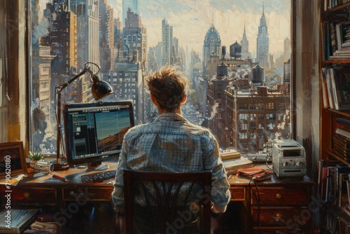 With the cityscape as his backdrop, a young man exudes sophistication as he delves into his computer, embodying the modern professional in his urban sanctuary.