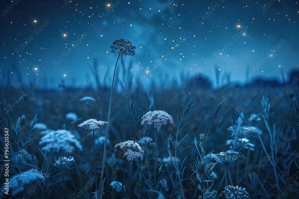 A dreamy landscape of a wildflower field under a starry night sky, with Queen Anne's Lace taking center stage - obrazy, fototapety, plakaty 