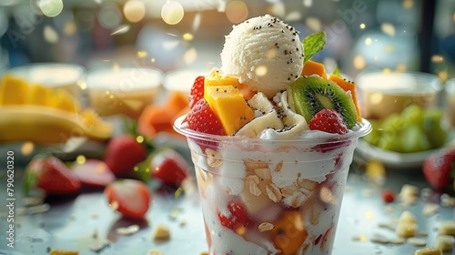 A thick refreshing soursop smoothie dessert in a disposable transparent u shaped plastic cup, with a single scoop of ice cream ball, with chopped banana strawberries kiwi and mango. Generative AI. photo