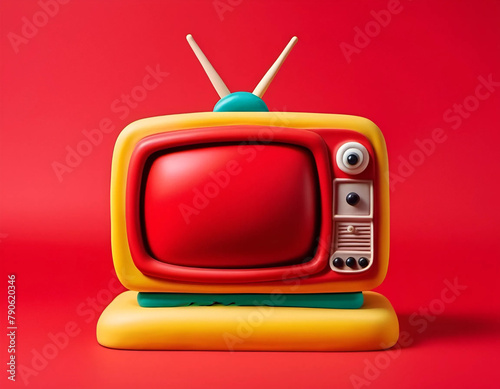 Retro tv set on red background, craft clay 