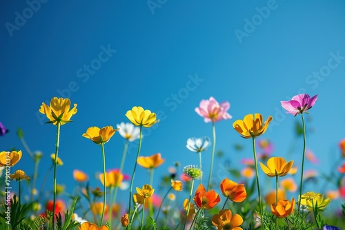 A field of wildflowers  bursting with colors  under a clear blue sky. Buttercups shine brightly among the diversity  symbolizing joy and simplicity