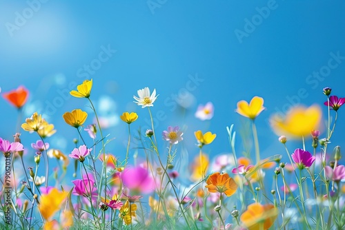 A field of wildflowers  bursting with colors  under a clear blue sky. Buttercups shine brightly among the diversity  symbolizing joy and simplicity