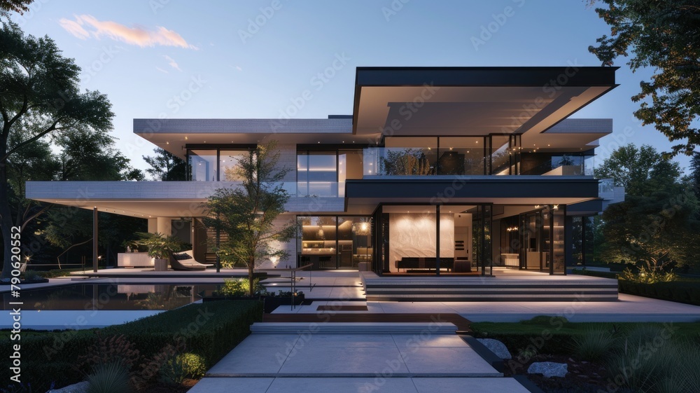 Exterior view of multiple modern house. Architecture 3d rendering of minimal modern house with natural landscape. Front of modern House background. Exterior view of multiple modern house. Architecture 3d rendering of minimal modern house with natural landscape. Front of modern House background.