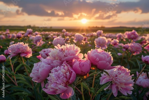 A majestic field of peonies under a sunset sky, capturing the flowers' full blooms in radiant lighting.