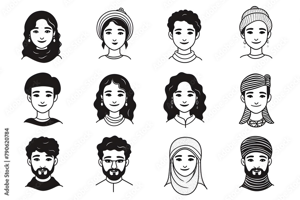 Set of doodle people faces black and white, minimalist avatars line drawing Set of doodle people faces black and white, minimalist avatars line drawing