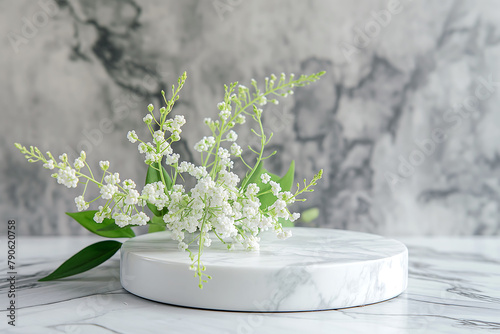 spring summer autnmn winter marble podium mockup for cosmetics, products,perfumes or jewelry with muguet background，flower and forest photo