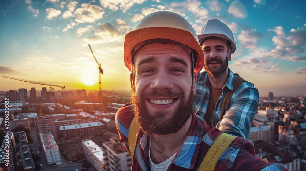 Obraz premium A pair of cheerful construction workers stand side by side, overlooking the urban landscape from atop a high-rise building