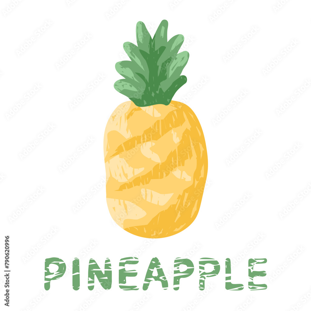 Hand drawn whole pineapple with leaves and text isolated on white. Modern textured drawing, color sketch with lettering of grunge style. Vector clipart for exotic fruit illustration, tropical design. Hand drawn whole pineapple with leaves and text isolated on white. Modern textured drawing, color sketch with lettering of grunge style. Vector clipart for exotic fruit illustration, tropical design.