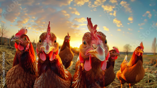 A group of chickens are seen standing next to each other in this photo photo