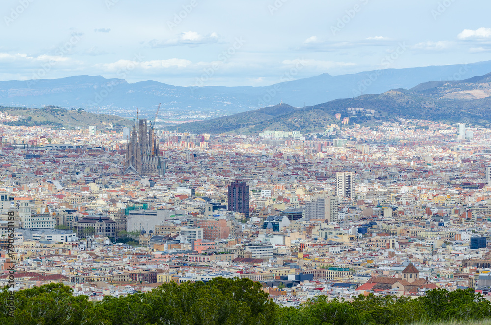 Barcelona, Spain: aerial view from Montjuic to the city of Barcelona with Sagrada Familia