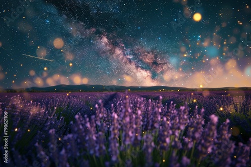 A tranquil scene of a lavender field under the starry night sky, fireflies mingling with bees amongst the flowers.  photo