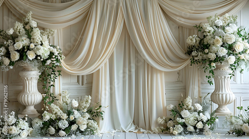 A wedding backdrop with elegant, floor-length drapery in a soft, neutral color. The fabric appears luxuriously gathered in rich folds, creating a romantic and sophisticated atmosphere photo