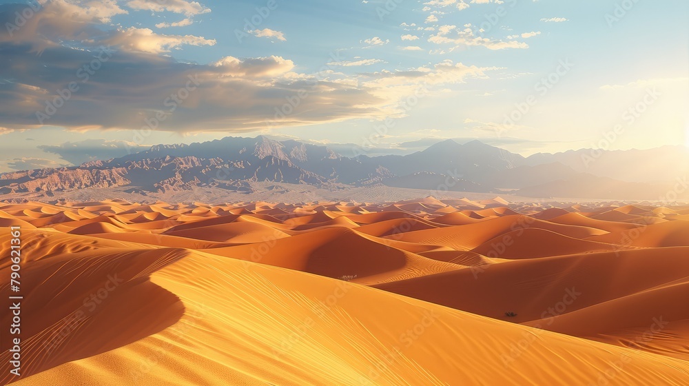 Naklejka premium Wide shot of the desert dunes, golden hour, mountains in background. Generative AI.