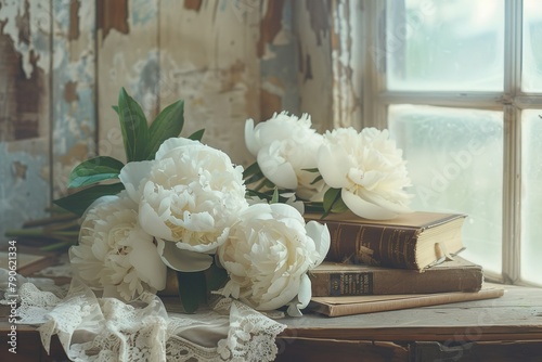 Fototapeta Naklejka Na Ścianę i Meble -  A vintage-style photograph of white peonies arranged on an aged wood table, with old books and a lace tablecloth adding texture and depth. 