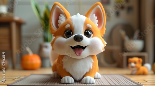 Smiling cute kawaii style orange and white dog on a cozy orange interior setting