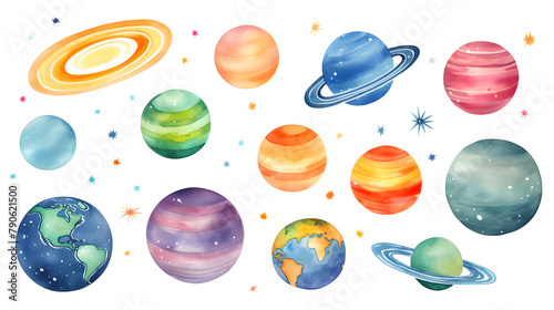 Hand drawn colorful watercolor space set of planet isolated of white background 