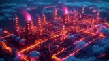 Futuristic factory in neon light, a showcase of isometric industrial design