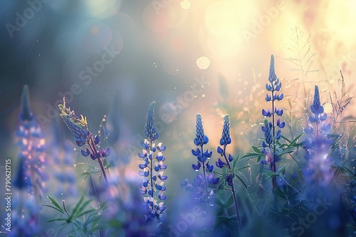 An artistic rendering of a wildflower meadow at dawn, with dew-covered lupines. 