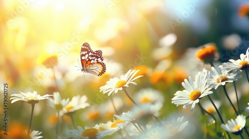 Natural summer background with daisies, calendula flowers and butterfly in the rays of sunlight in summer in the spring close-up , artistitic image with a soft focus. Abstract minimalistic Illustratio