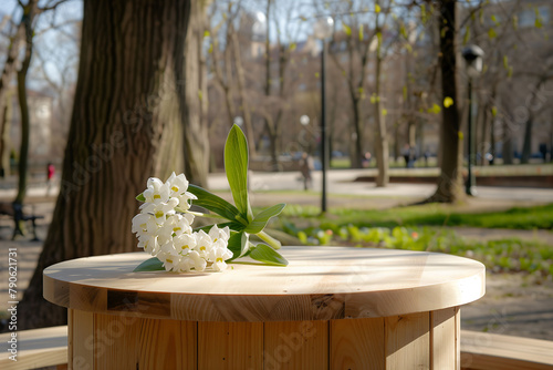 spring summer autnmn winter wooden podium mockup for cosmetics, products,perfumes or jewelry with muguet background，flower and forest