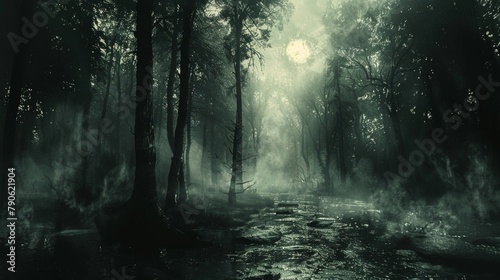 Mystical forest scene with fog, moonlight, and shimmering waters under a haunted sky photo