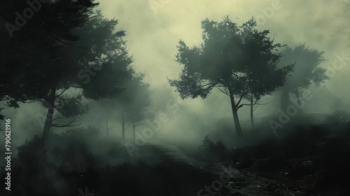 Mystical forest scene with fog, moonlight, and shimmering waters under a haunted sky