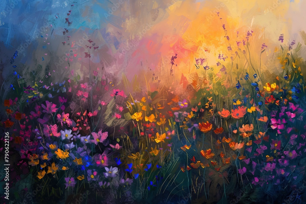 Fototapeta premium An impressionistic painting of a wildflower meadow at sunset, colors blending into a vivid tapestry. The setting sun casts long shadows, enhancing the flowers' rustic charm. 