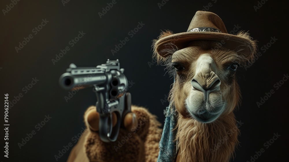 Obraz premium camel in a stylish hat brandishes a firearm confidently, Ai Generated