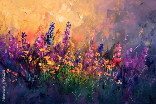 An impressionistic painting of a wildflower meadow at sunset  colors blending into a vivid tapestry. The setting sun casts long shadows  enhancing the flowers  rustic charm.