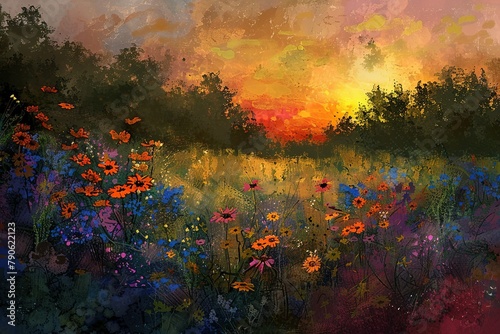 An impressionistic painting of a wildflower meadow at sunset, colors blending into a vivid tapestry. The setting sun casts long shadows, enhancing the flowers' rustic charm.  photo