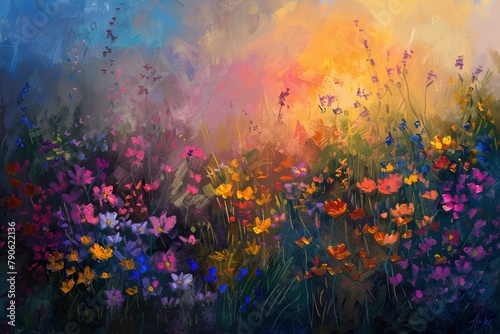 An impressionistic painting of a wildflower meadow at sunset, colors blending into a vivid tapestry. The setting sun casts long shadows, enhancing the flowers' rustic charm.  photo