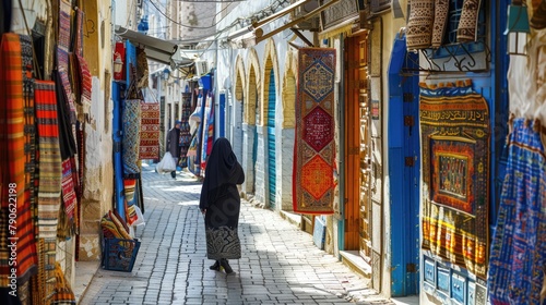 A woman and storefronts Women in hijab walking in street 