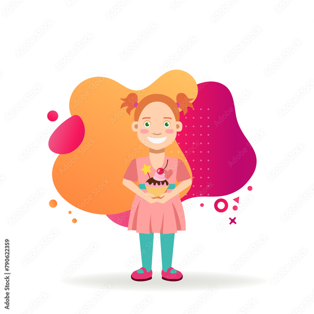 Happy little girl with cupcake. Flat vector illustration. Child or birthday concept. Vector illustration can be used for topics like holiday, childhood, parenting. Happy little girl with cupcake. Flat vector illustration. Child or birthday concept. Vector illustration can be used for topics like holiday, childhood, parenting.