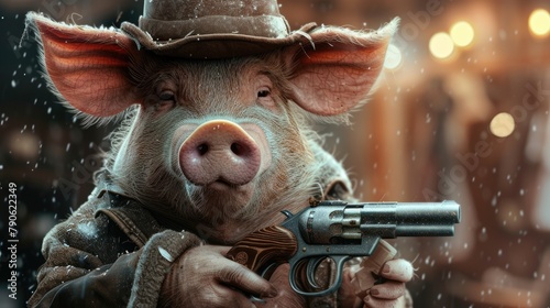 pig in a stylish hat brandishes a firearm confidently, Ai Generated