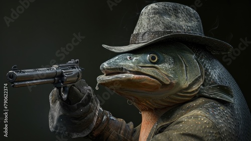 salmon in a stylish hat brandishes a firearm confidently  Ai Generated