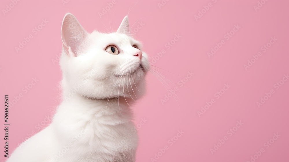 An elegant white cat with striking eyes gazes upwards on a soft pink backdrop, captivating viewers, Ai Generated An elegant white cat with striking eyes gazes upwards on a soft pink backdrop, captivating viewers, Ai Generated