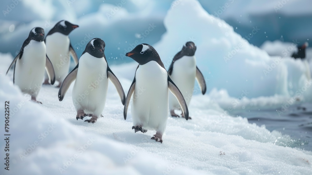 Obraz premium Discover the adorable charm of penguins on ice, as they waddle and play in their icy habitat, Ai Generated