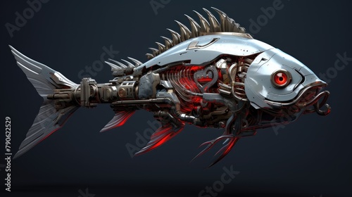 A fish metal cyborg embodies the cyberpunk concept  merging aquatic life with futuristic technology  Ai Generated