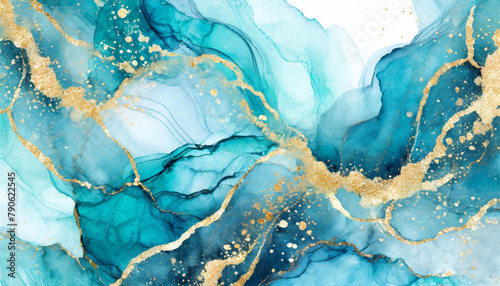 Cyan blue liquid watercolor background with golden stains. Teal turquoise marble alcohol ink drawing effect.