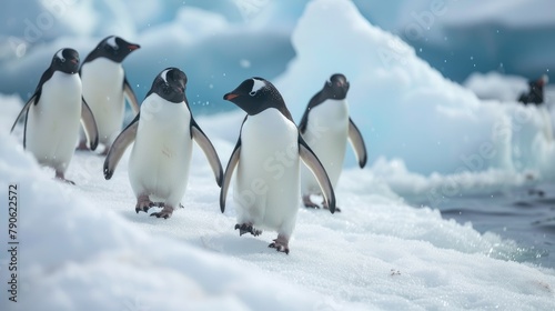 Discover the adorable charm of penguins on ice  as they waddle and play in their icy habitat  Ai Generated