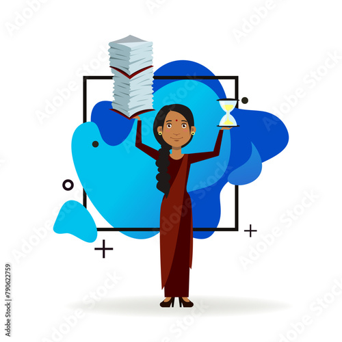 Indian woman holding stack of documents and hourglass. Young business lady in traditional Indian sari dress. International business, management concept for web design, banner or landing page