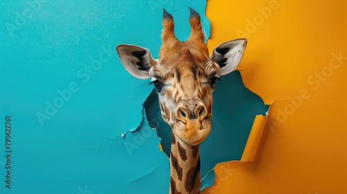 A humorous giraffe peers through a ripped hole in a contrast pastel color paper background  Ai Generated