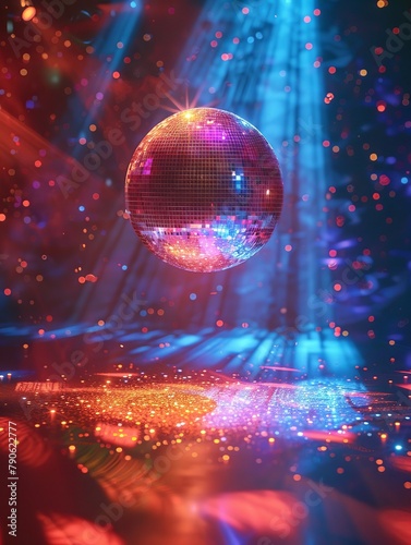 70s disco club, glitter ball, dance floor, funky outfits, classic hits