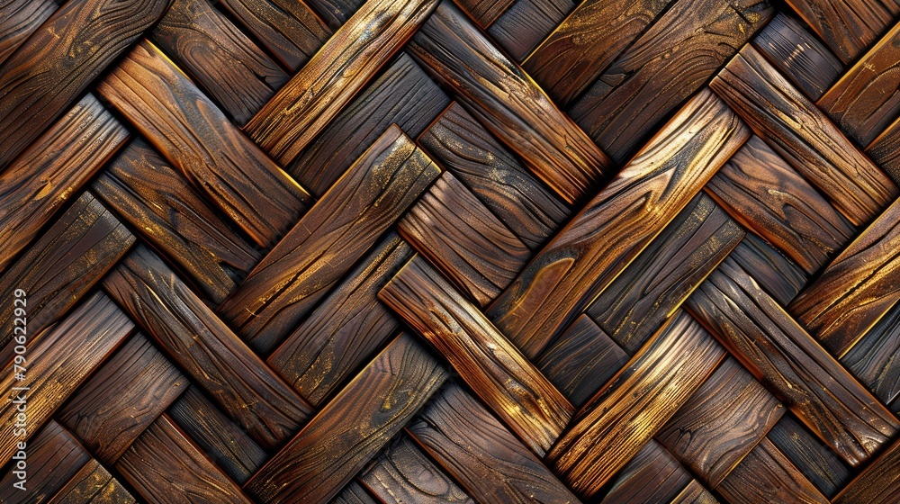 Elevate your space with a 3D wallpaper mimicking a luxurious wood and gold mosaic decor. Ai Generated. Elevate your space with a 3D wallpaper mimicking a luxurious wood and gold mosaic decor. Ai Generated.