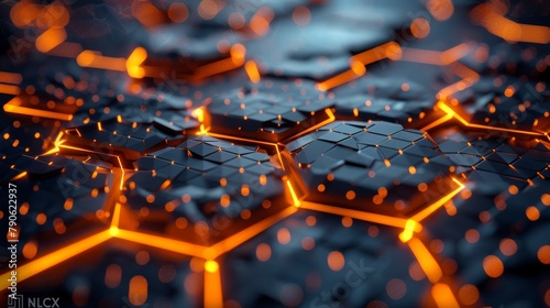 Futuristic hexagonal grid with glowing orange lights on a dark background