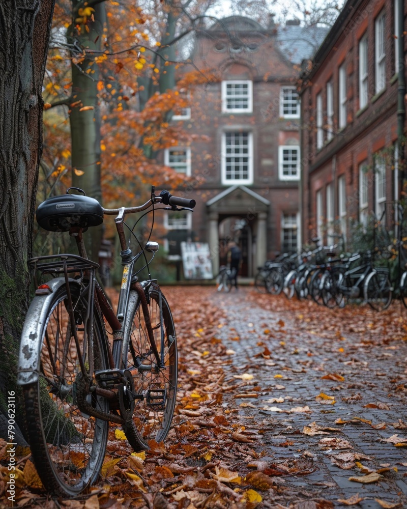 Vintage college campus, autumn leaves, classic architecture, student bicycles 
