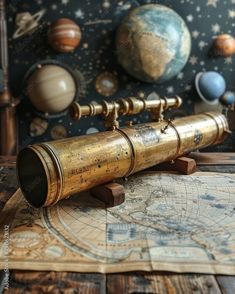 Vintage interstellar observatory, brass telescopes, star charts, velvet robes 