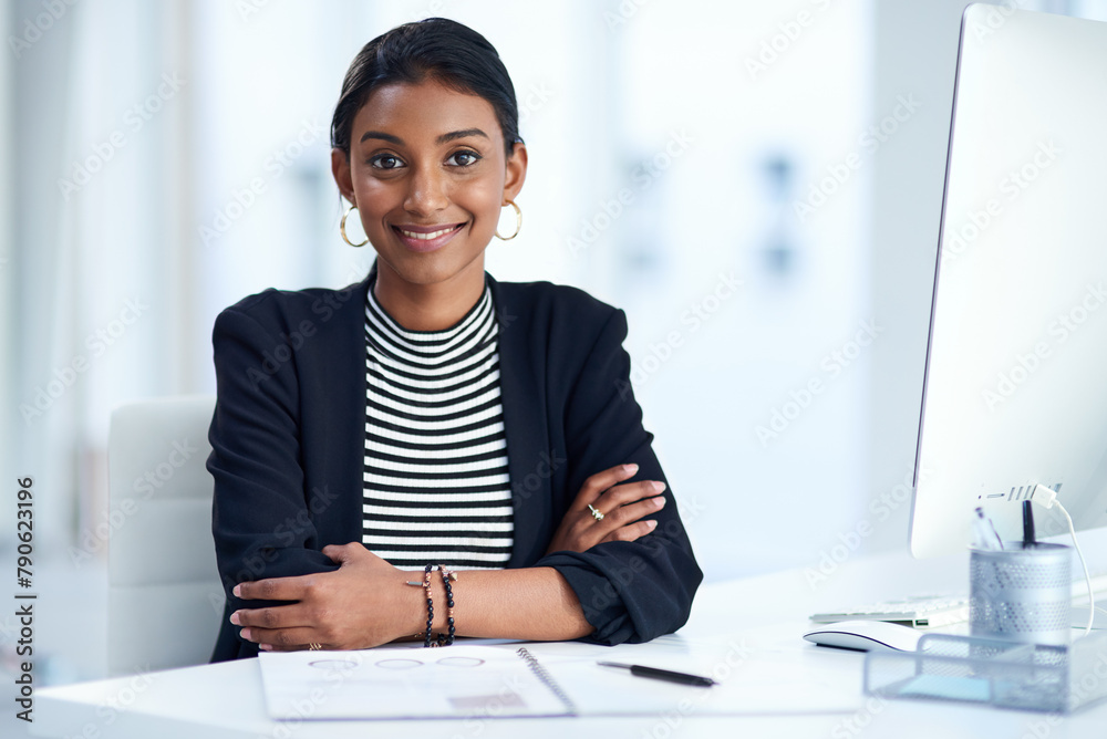 Lawyer, portrait and smile with office, confidence and working for professional law firm. Woman, technology and corporate employee with computer, information folder and ambition for startup agency Lawyer, portrait and smile with office, confidence and working for professional law firm. Woman, technology and corporate employee with computer, information folder and ambition for startup agency