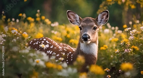 The cute deer is silent in the forest bushes full of flowers, playing a calming and sweet dreamlike video template photo
